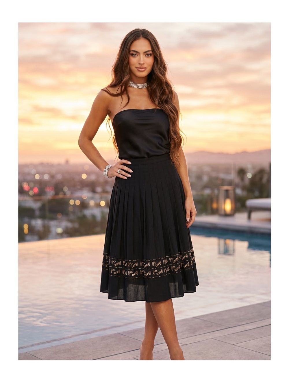 Vintage: Begedor Italia ✦ Silk Pleated Skirt ✦ Gold Nail Heads ✦ Black ✦ 12 L XL